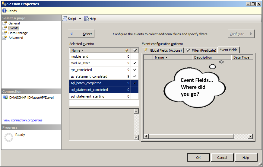 SQL Server Extended Events Session Properties - Event Fields Tab